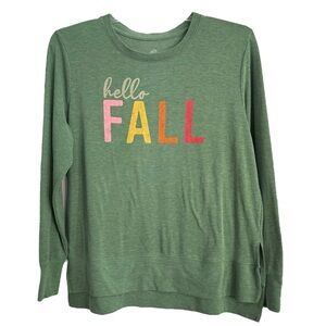 Positivi Tee Size Large “Hello Fall” Green Heather Hacci Long Sleeve Pullover